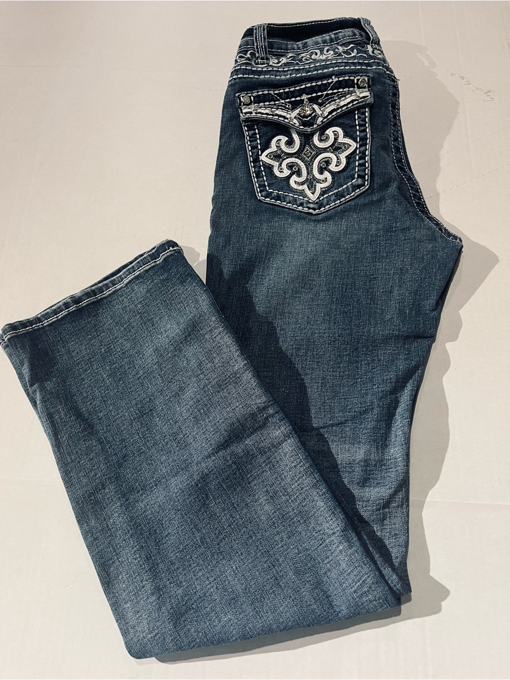 Westfield Eagle Blue Denim Boot Cut Jeans Distressed Look  Embellished   SIZE 7